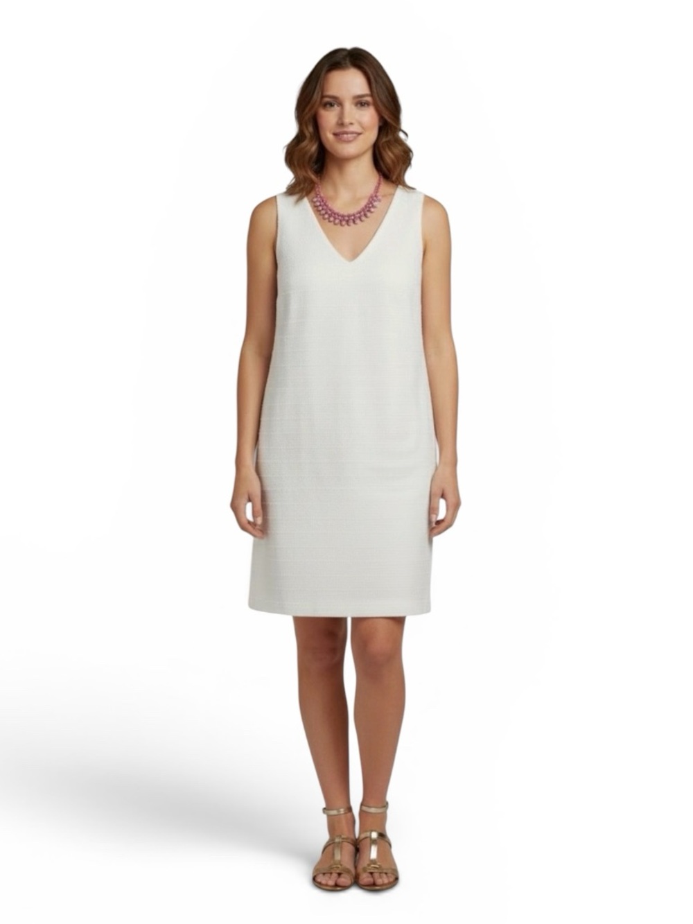 Loft Textured V-Neck Sleeveless White Shift Dress, size 2